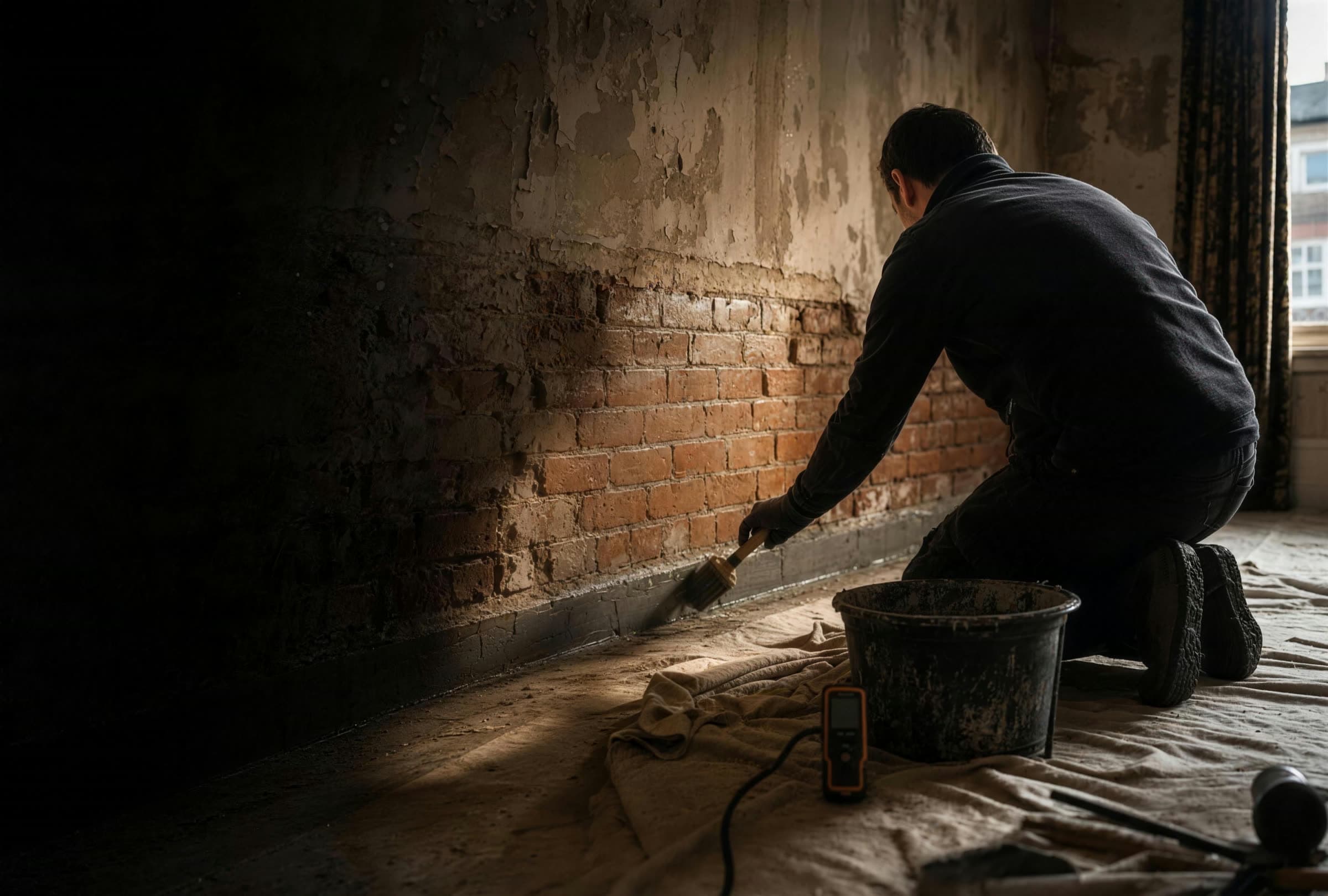 A damp-proofing specialist treating the base of a wall, with a damp meter on the floor — specialist damp proofing in Chorlton, South Manchester